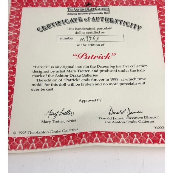 VTG Ashton Drake Galleries Patrick Porcelain Boy Doll 1995 Stand Original #93222 - Picture 9 of 16